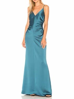 Halston Heritage Peacock Blue Satin V-Neck Slip Maxi Dress NWT
